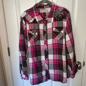 Bit & Bridle Womens 2X Flannel Plaid Shirt Pink Brown Horse Cottagecore Western